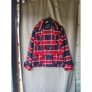 American Eagle Plaid Pea Coat Womens Medium Red Navy Blue Wool Blend Jacket